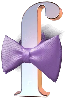Mr Fortune emblem: a silver letter f wearing a purple bow tie