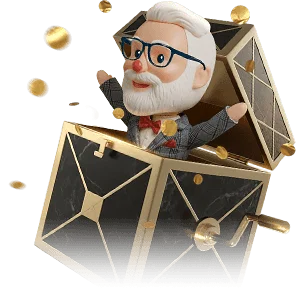 Cartoon Mr Fortune host popping out of a black-and-gold jack-in-the-box among flying coins
